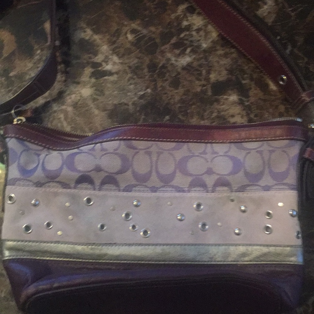 Brown and lavender coach bag with silver accents